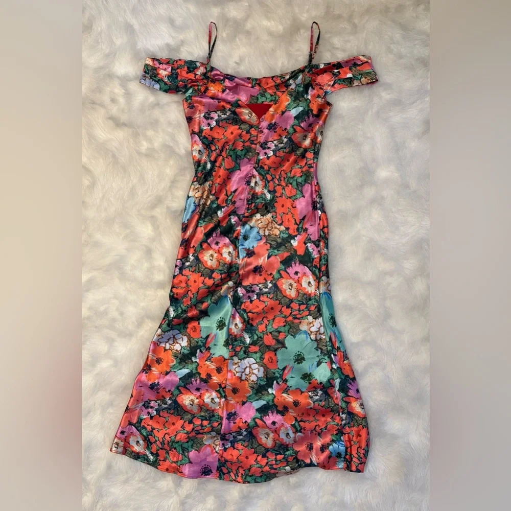 Hope & Ivy Cold Shoulder Satin Slip Floral Dress - Picture 3 of 4